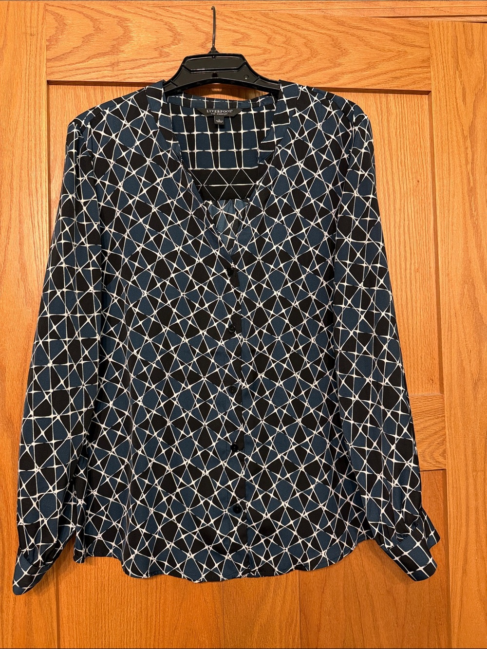 Liverpool Teal and White Geometric Button-Down Blouse